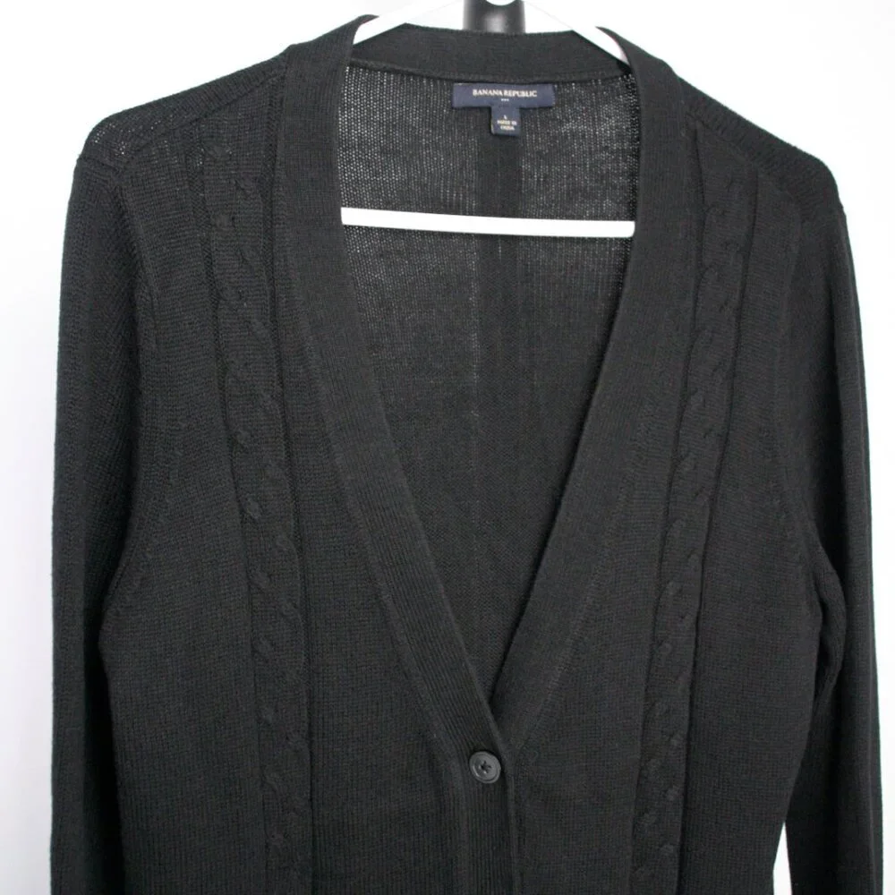 Banana Republic Factory Black V-Neck Lightweight Cable Knit‎ Midi Cardigan Sz L - Picture 3 of 10